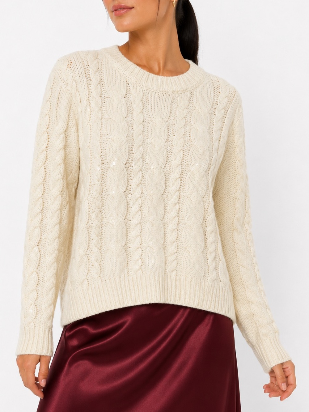St John’s Bay Women’s M Ivory Sequin Cable Knit Chunky Coquette Sweater Pullover